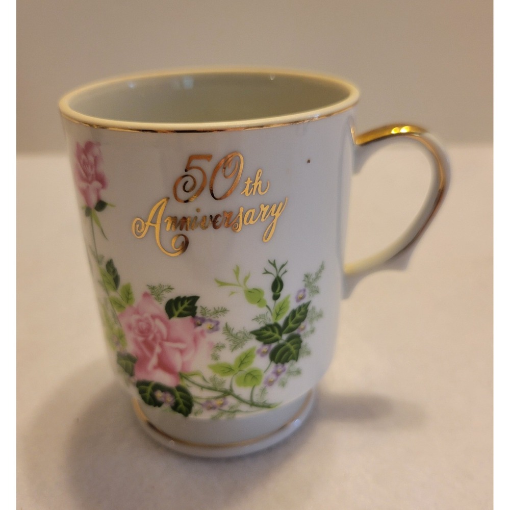 VTG Norcrest Porcelain Coffee Mug 50th Anniversary Pink Rose Gold Trim White